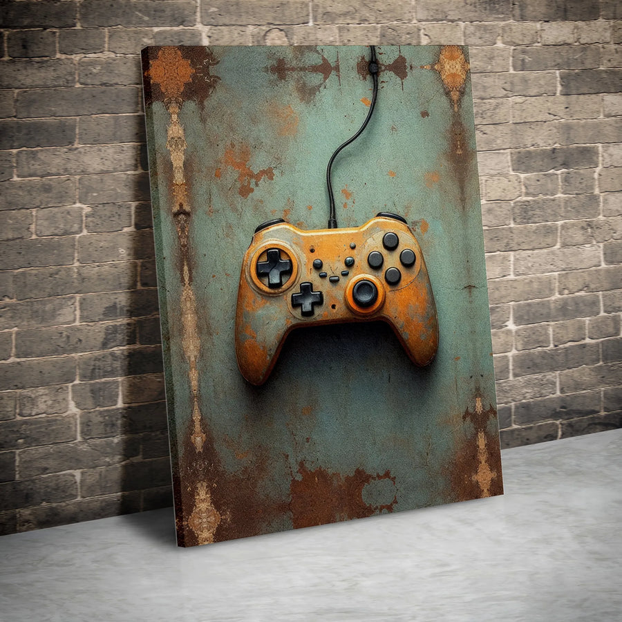 Vintage Gaming Controller Canvas Art | Industrial Rusty Texture Print | Gallery Quality 1.25 Inch Frame | Gamer Room Decor & Gift