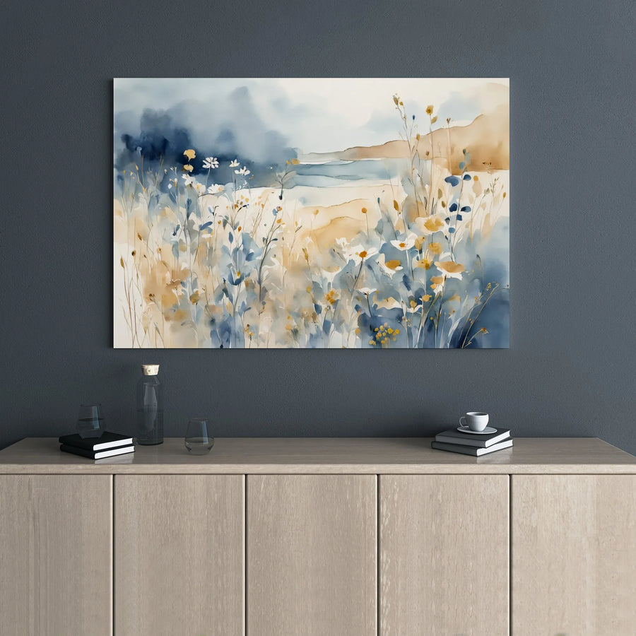 Coastal Wildflower Meadow Canvas | Watercolor Beach Landscape Art | Premium Gallery Wrapped Print | Serene Nature Home Decor Gift