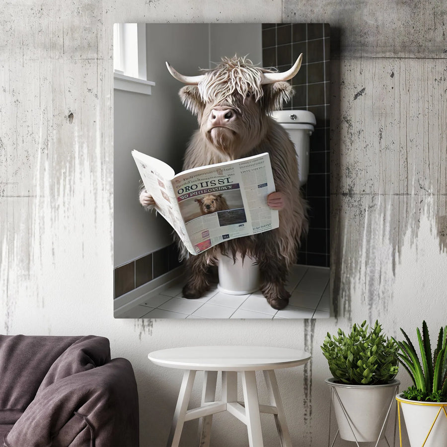 Highland Cow Bathroom Wall Art | Funny Reading Newspaper Design | Premium Gallery Canvas | Quirky Farmhouse Home Decor Gift
