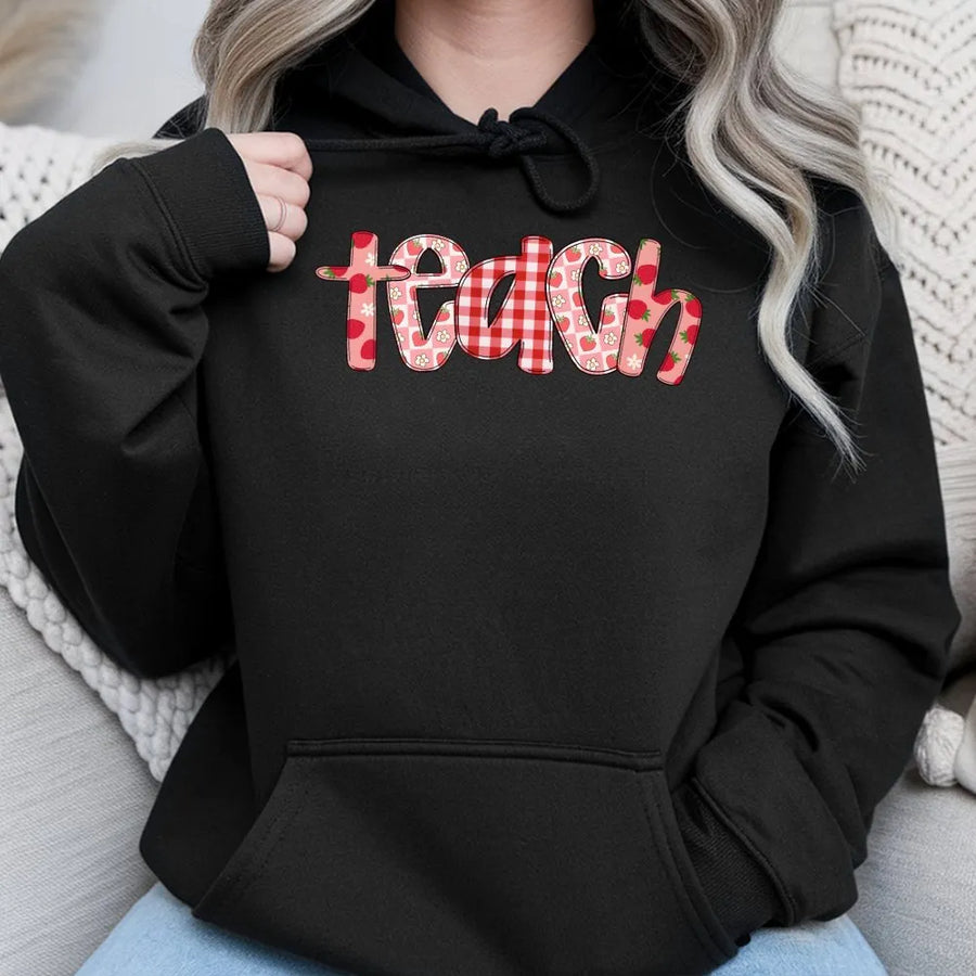 Teacher Hoodie | Strawberry Gingham Graphic Tee | Soft Cotton Top | Back to School Gift for Educators