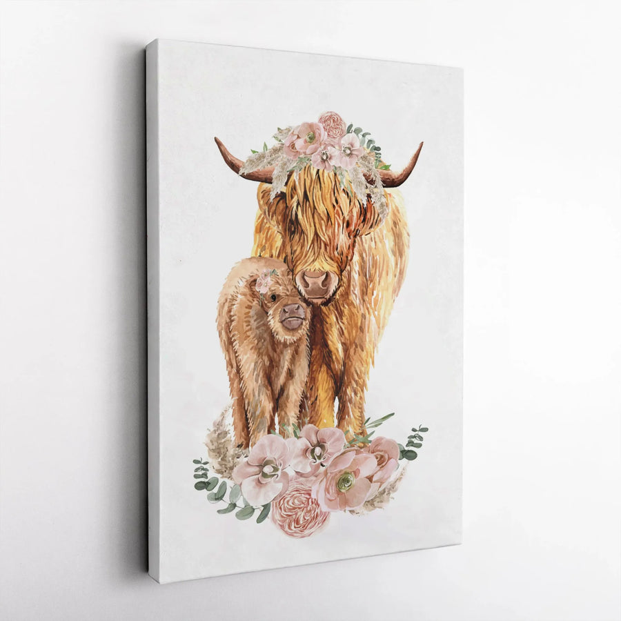 Highland Cow Wall Art | Watercolor Mother and Calf with Floral Crown | Premium Gallery-Wrapped Canvas | Nursery and Farmhouse Home Decor