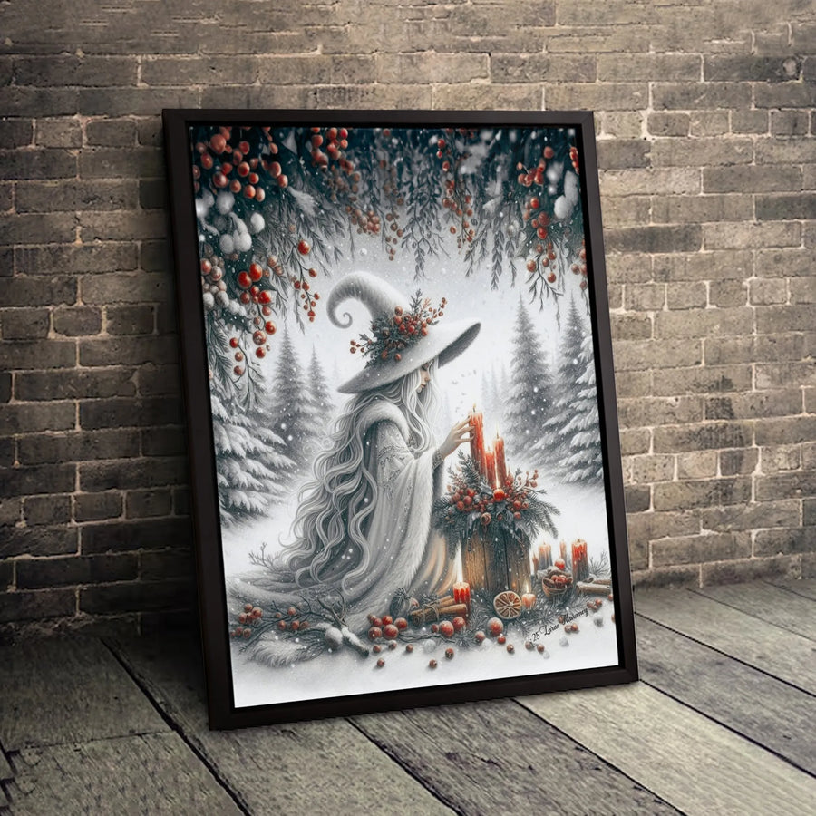 Winter Witch Wall Art | Snowy Forest Yule Candle Canvas Print | Premium Gallery Wrapped Decor | Pagan Holiday Gift for Witchy Aesthetic Lovers