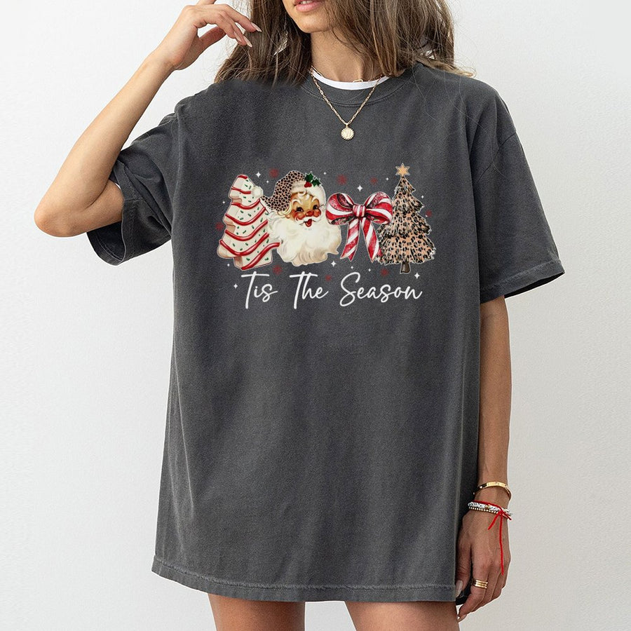 Tis The Season Christmas Shirt | Retro Leopard Print Santa Graphic | Premium 100% Cotton Tee | Festive Holiday Gift For Women & Men