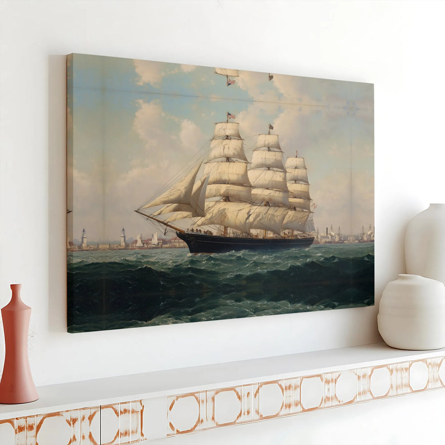 Vintage Tall Ship Canvas Wall Art | Historic American Sailing Ship Painting | Premium Gallery Wrapped Canvas | Nautical Home Decor Gift for Sailor