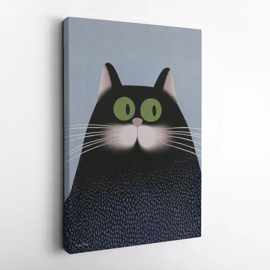 Black Cat Wall Art | Whimsical Modern Graphic Portrait with Green Eyes | Premium Gallery-Wrapped Canvas | Quirky Home Decor Gift for Cat Lovers