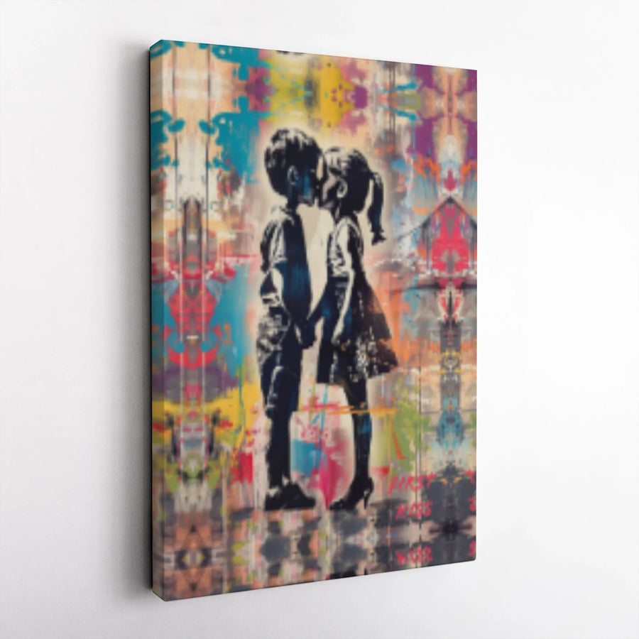 Kissing Children Graffiti Canvas Wall Art | Urban Street Style Lovers Decor | Premium 1.25" Gallery Wrap | Romantic Gift for Couples Home