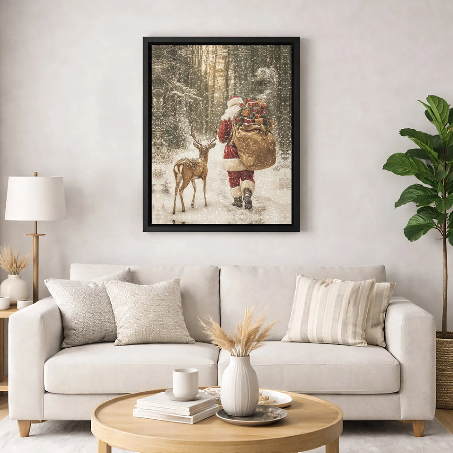 Santa Claus and Reindeer Canvas Wall Art | Snowy Winter Forest Christmas Decor | 1.25-Inch Gallery Wrap | Holiday Home Gift