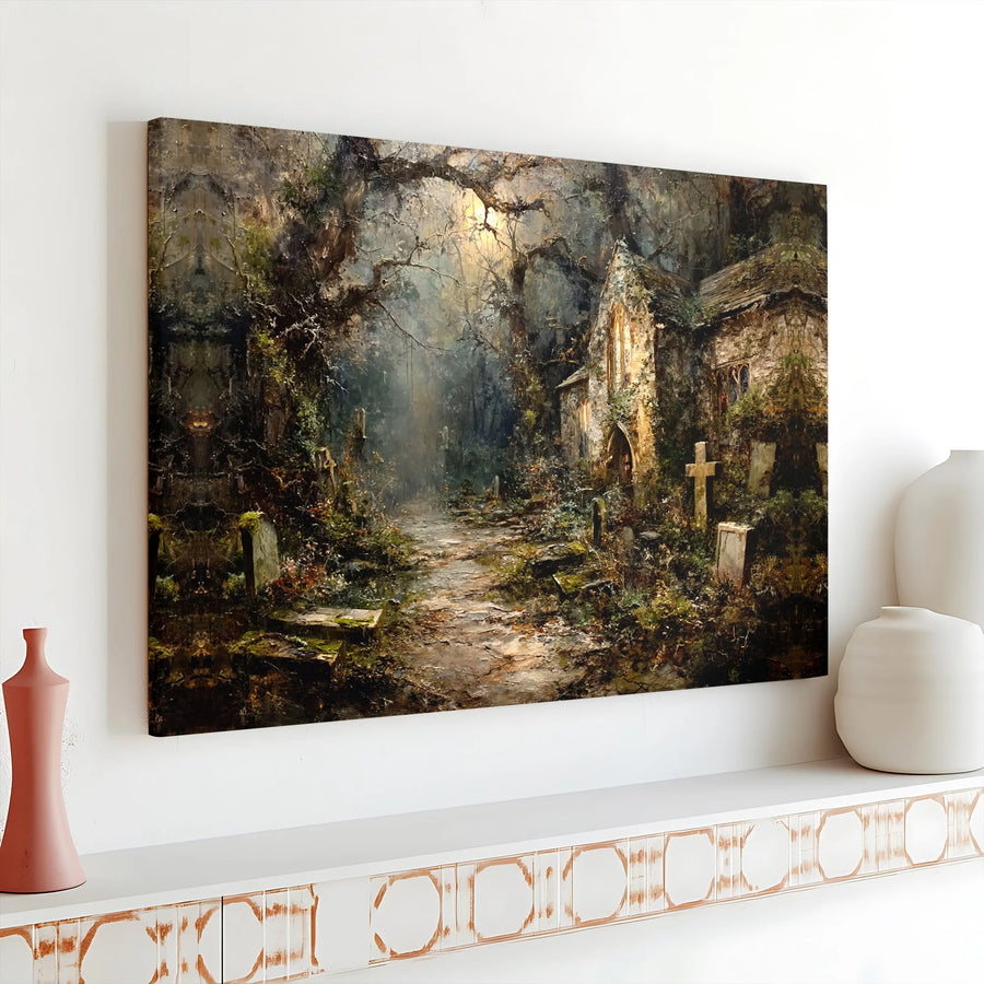 Gothic Cemetery Canvas Wall Art | Haunted Forest Church Oil Painting Style | Premium Gallery Wrap Print | Dark Academia Home Decor Gift