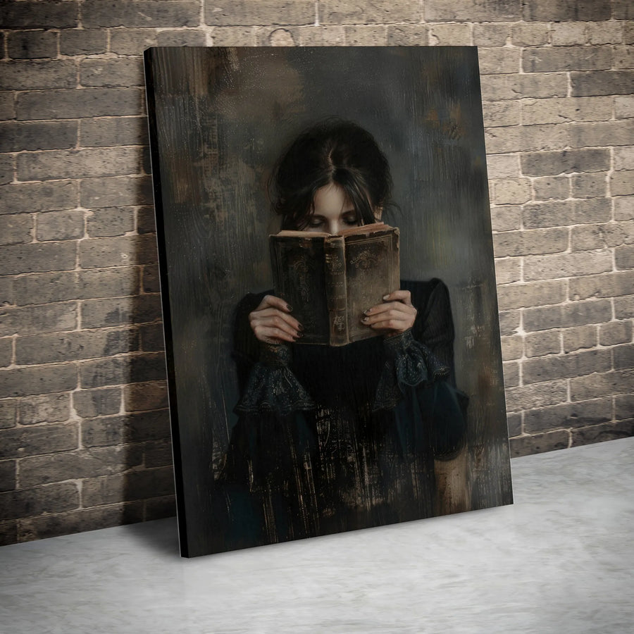 Dark Academia Woman Reading Canvas | Vintage Book Aesthetic Portrait | Gallery Quality Fade-Resistant Wall Art | Premium Decor for Book Lovers