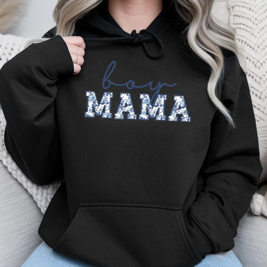 Boy Mama Hoodie | Blue Toile Floral Lettering Design | Premium Cotton Blend Comfort | New Mom Pregnancy Announcement Baby Shower Gift