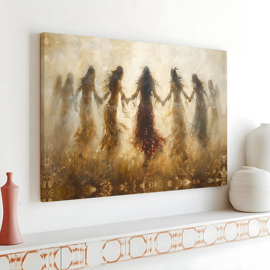 Circle Dance Canvas Wall Art | Abstract Women Holding Hands Print | Premium Gallery Wrapped Decor | Spiritual Home Office Gift