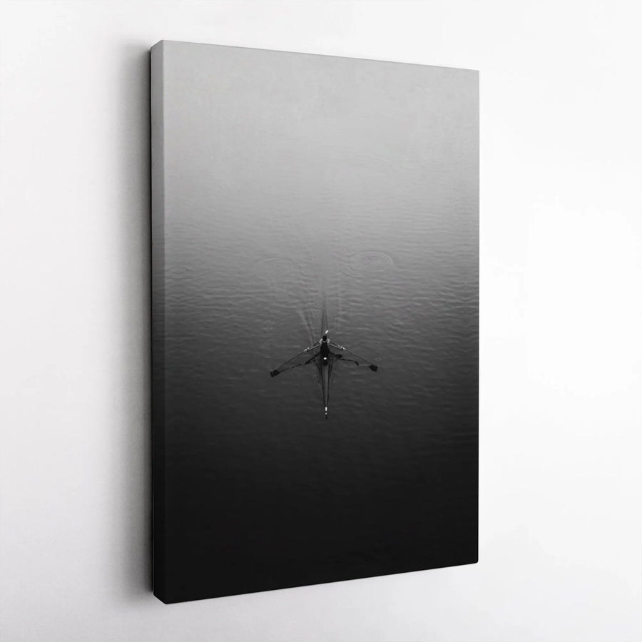 Rowing Canvas Wall Art | Black and White Aerial Photography | Premium Gallery Wrap | Modern Home & Gym Decor Gift for Athlete