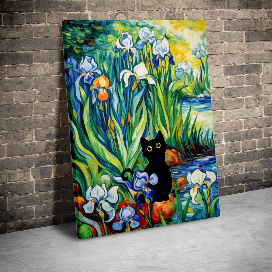 Black Cat and Irises Canvas Wall Art | Van Gogh Style Floral Painting | Premium Gallery Wrap Canvas | Gift for Cat Lover Home Decor