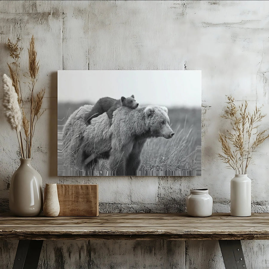 Grizzly Bear and Cub Canvas Print | Black and White Wildlife Photography | Premium Gallery Wrapped Canvas | Rustic Nature Decor Gift for Animal Lover
