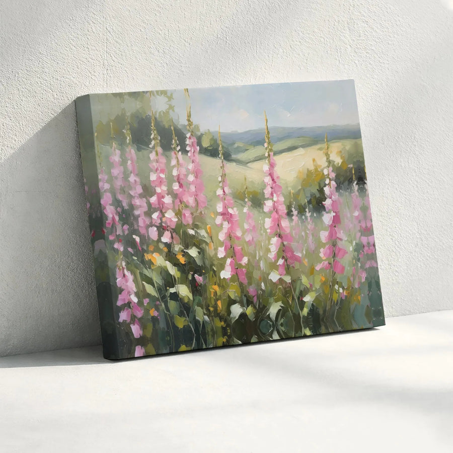 Wildflower Meadow Horizontal Canvas | Impressionist Pink Foxglove Floral Painting Style | Premium 1.25 Inch Stretched Wall Art | Cottagecore Living Room Decor Gift