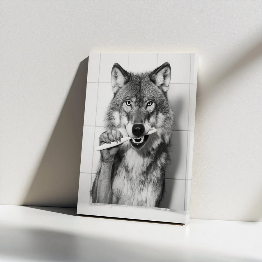Wolf Brushing Teeth Canvas Print | Funny Bathroom Animal Wall Art | 1.25-Inch Gallery Wrap | Quirky Gift for Animal Lovers