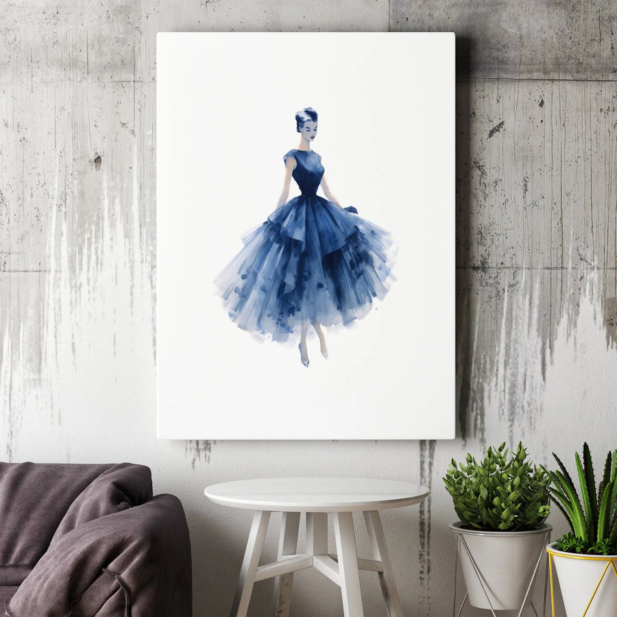 Fashion Wall Art | Blue Tulle Ball Gown Watercolor Illustration | Premium Gallery Canvas | Elegant Home Decor Gift For Her
