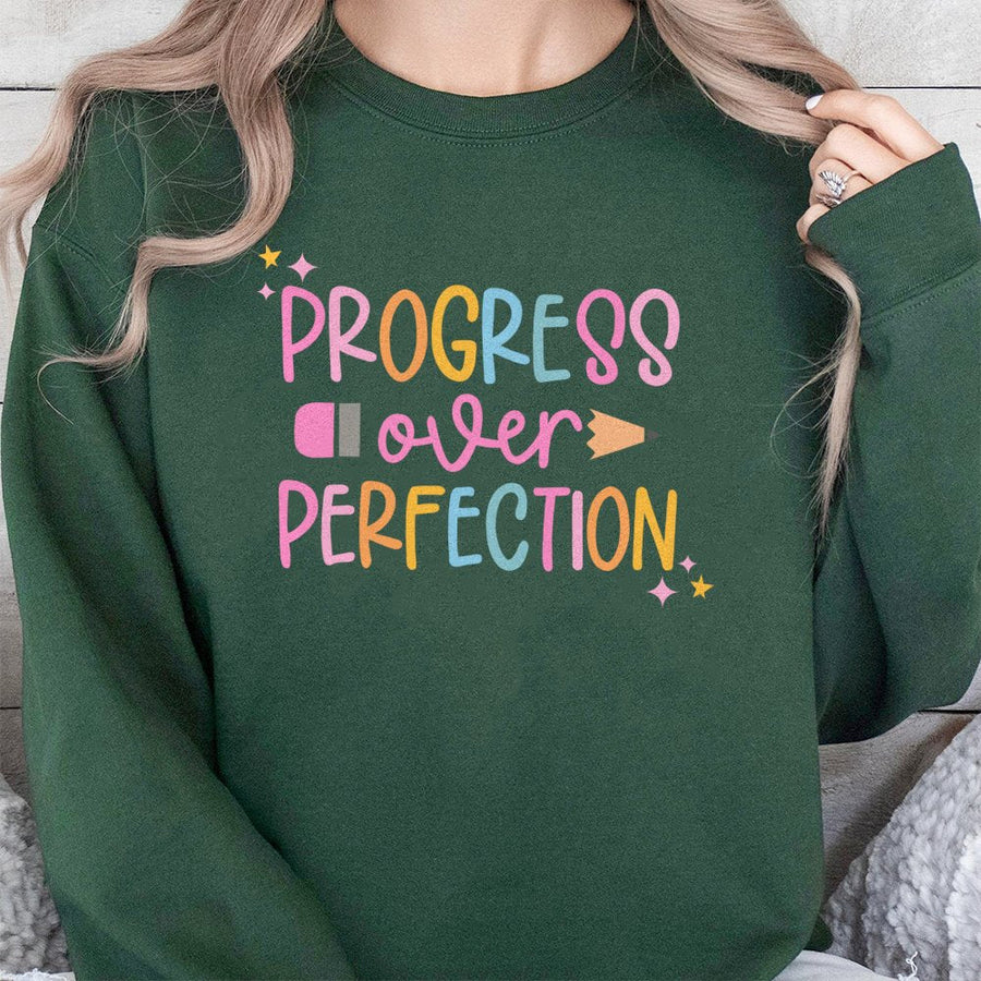 Progress Over Perfection Sweatshirt | Motivational Teacher Graphic Apparel | Premium Cotton Blend | Inspiring Gift for Educators & Students
