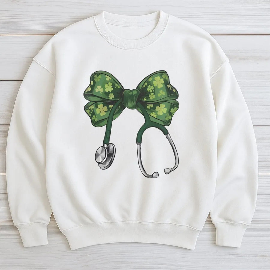St. Patrick's Day Nurse Sweatshirt | Shamrock Coquette Bow Stethoscope Design | Premium Cotton Blend | Gift For RN LPN Nursing Student