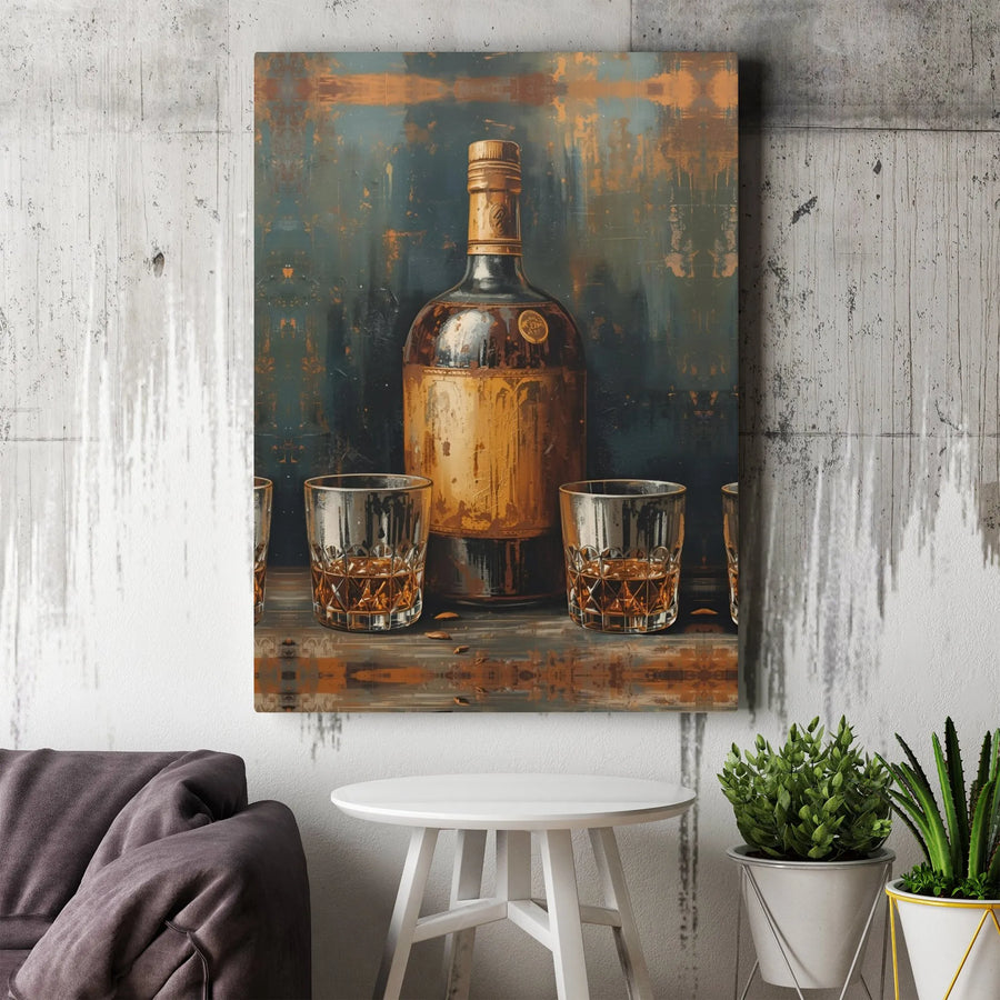 Whiskey Still Life Canvas Wall Art | Rustic Liquor Bottle And Glass Painting | 1.25-Inch Premium Gallery Profile | Bar Decor For Home Man Cave