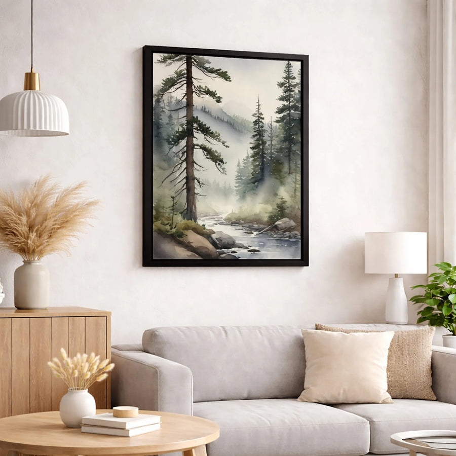 Foggy Pine Forest Canvas Wall Art | Watercolor Nature Landscape Print | 1.25-Inch Gallery Wrap | Modern Mountain River Decor for Home Office