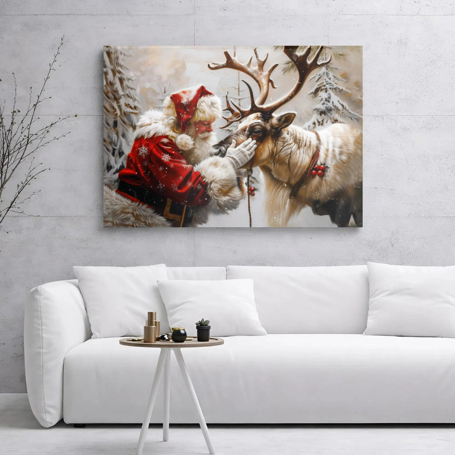 Santa Claus Reindeer Canvas Wall Art | Snowy Forest Christmas Scene | Premium 1.25" Gallery Wrap | Festive Holiday Home Decor Gift
