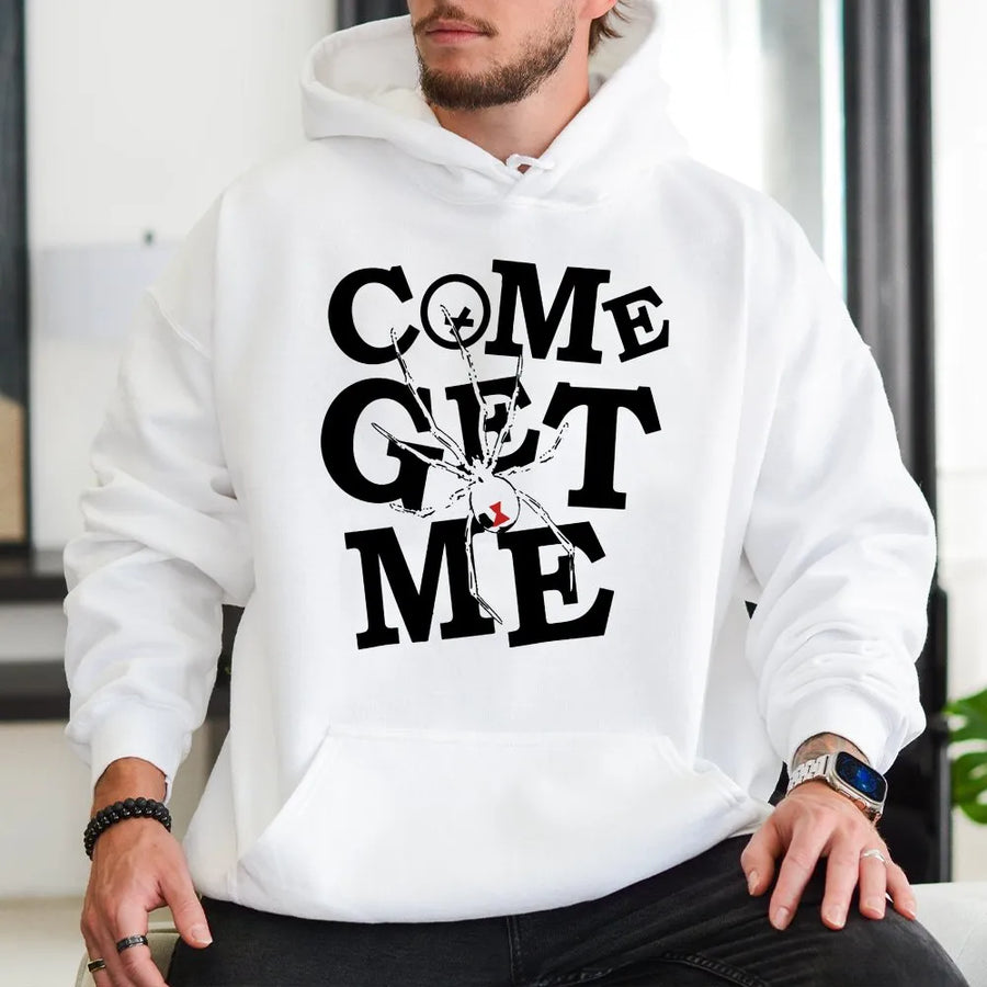 Black Widow Spider Graphic Hoodie | Come Get Me Streetwear Print | Premium Cotton Shirt | Unisex Gift for Bikers and Racers