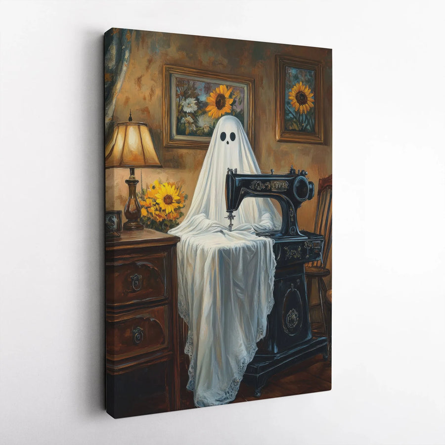 Ghost Sewing Sunflower Painting | Vintage Aesthetic Wall Art | Premium Gallery Wrapped Canvas | Whimsical Spooky Home Decor Gift