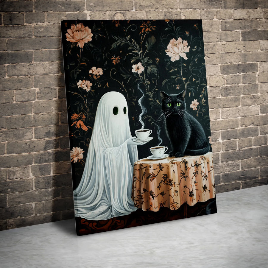 Ghost With Black Cat Canvas Print | Spooky Cottagecore Floral Art | Premium Fade-Resistant Gallery Wrap | Whimsical Home Decor Gift