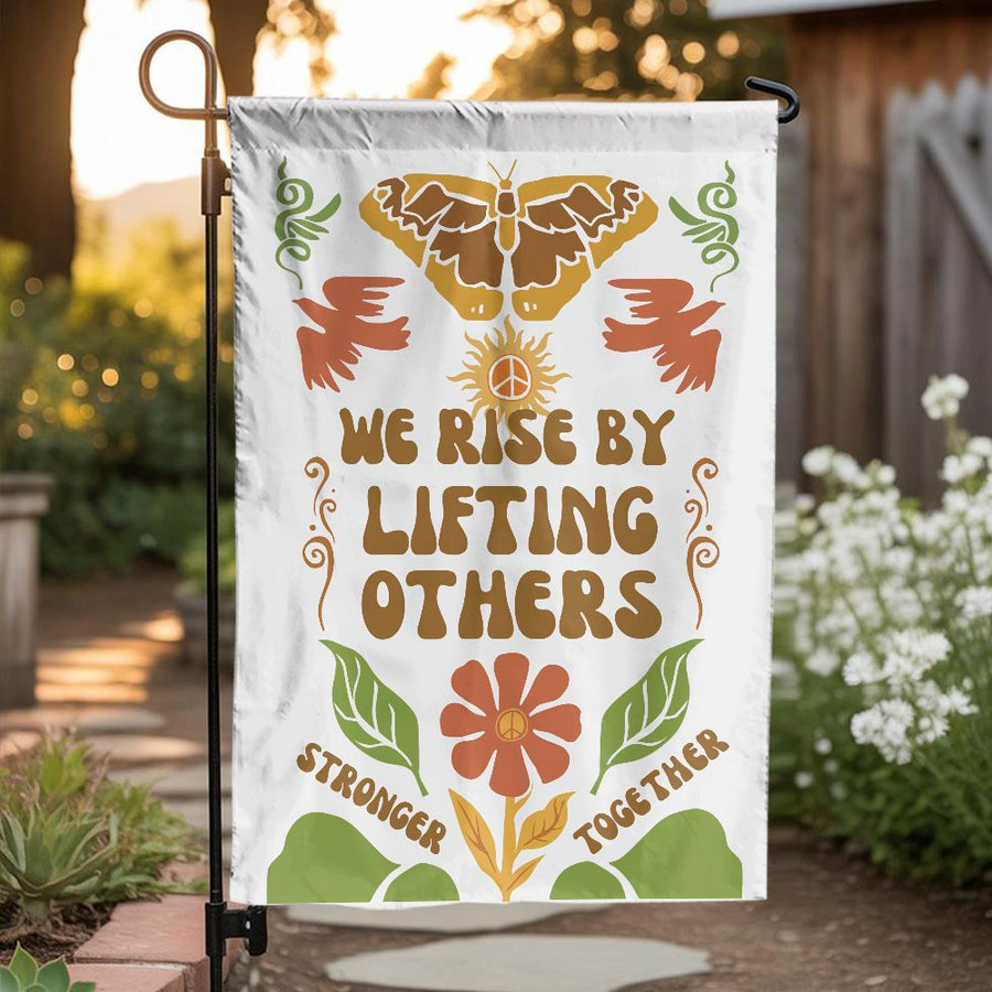 Inspirational Garden Flag | We Rise By Lifting Others Boho Floral Design | Weather-Resistant Polyester | Premium Yard Decor Gift for Friends