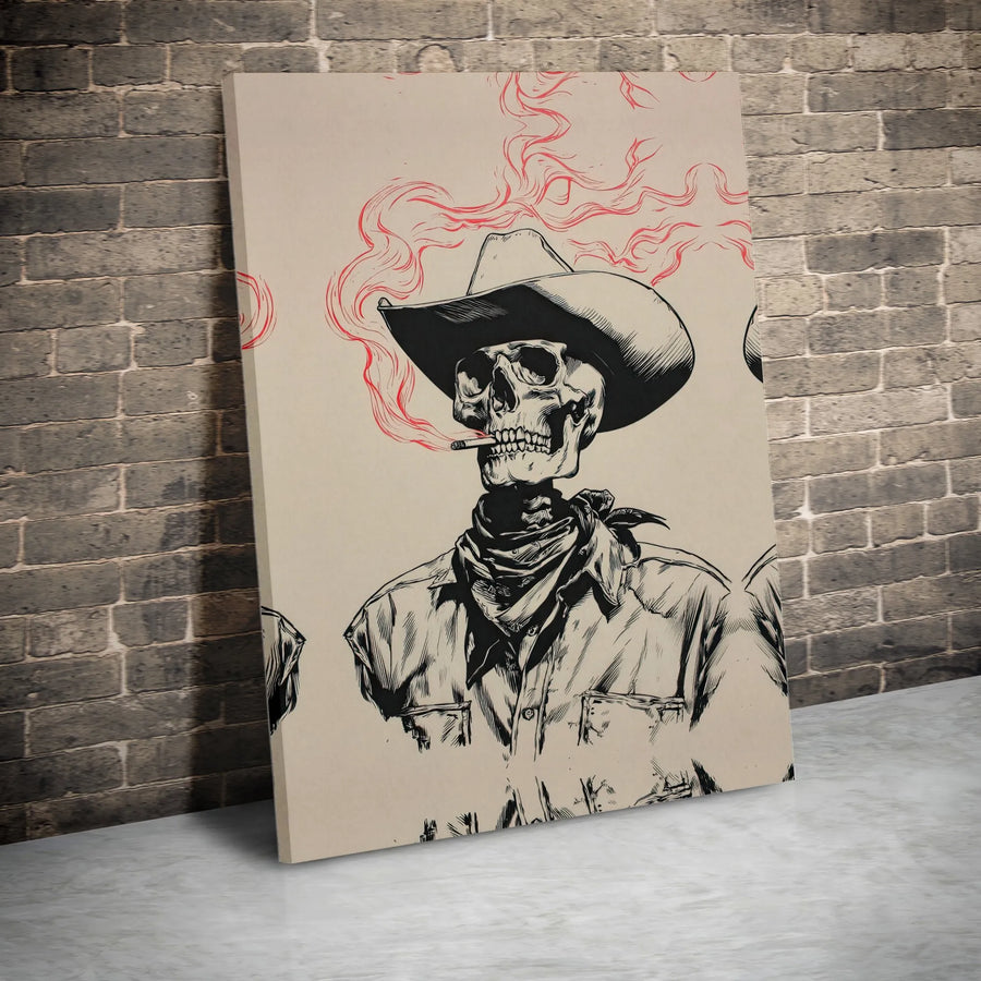 Smoking Cowboy Skeleton Canvas Wall Art | Western Gothic Illustration | Premium Fade-Resistant Print | Edgy Home Decor Gift