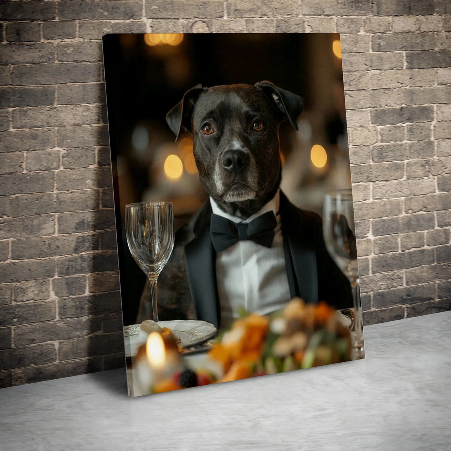 Dog in Tuxedo Canvas Print | Dapper Pitbull Portrait Art | Thick Gallery Wrap Canvas | Premium Gift for Dog Lover & Bar Decor