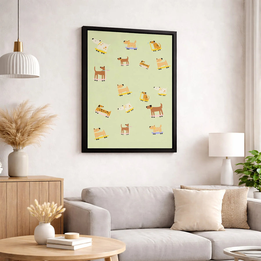 Cute Dog Wall Art | Cartoon Skateboard and Scooter Puppy Pattern | Gallery-Wrapped Premium Canvas | Nursery or Kids Room Decor Gift