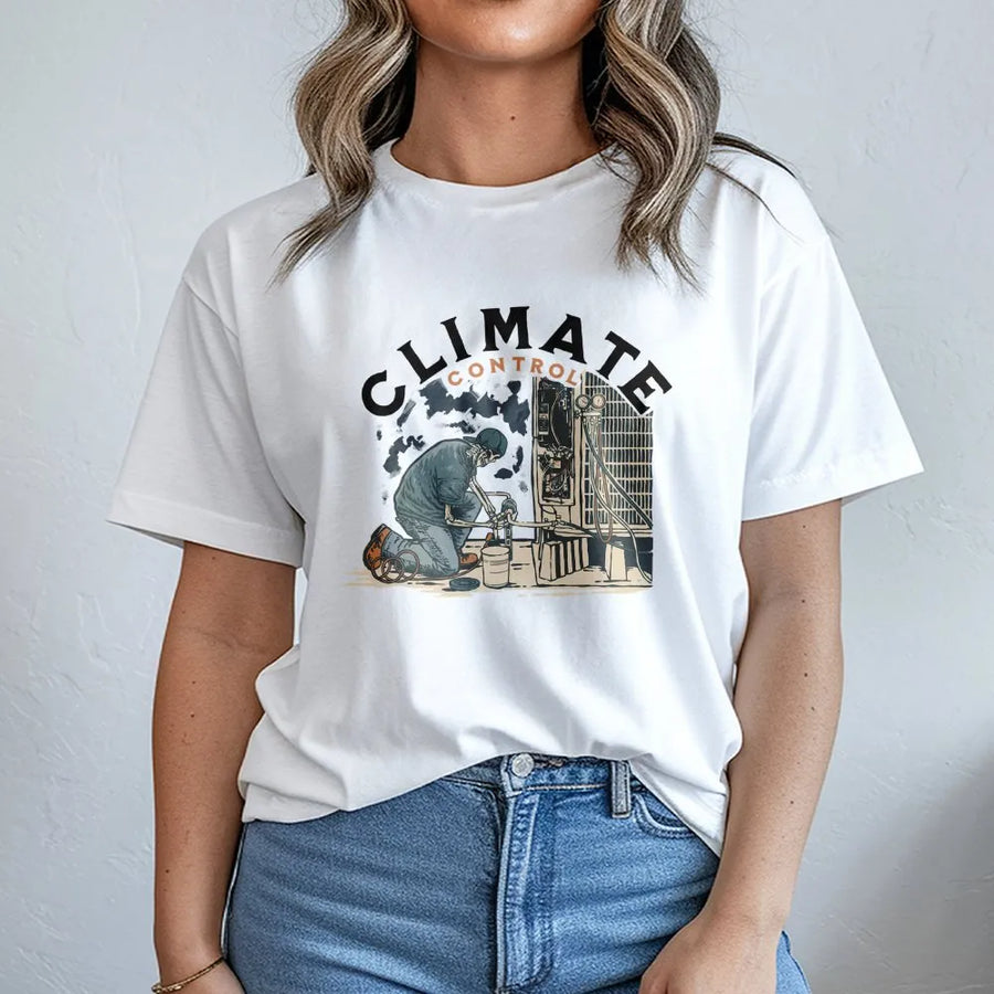 HVAC Technician T-Shirt | Climate Control Skeleton Repair Design | Premium Cotton Graphic Tee | Funny Blue Collar Gift For HVAC Workers
