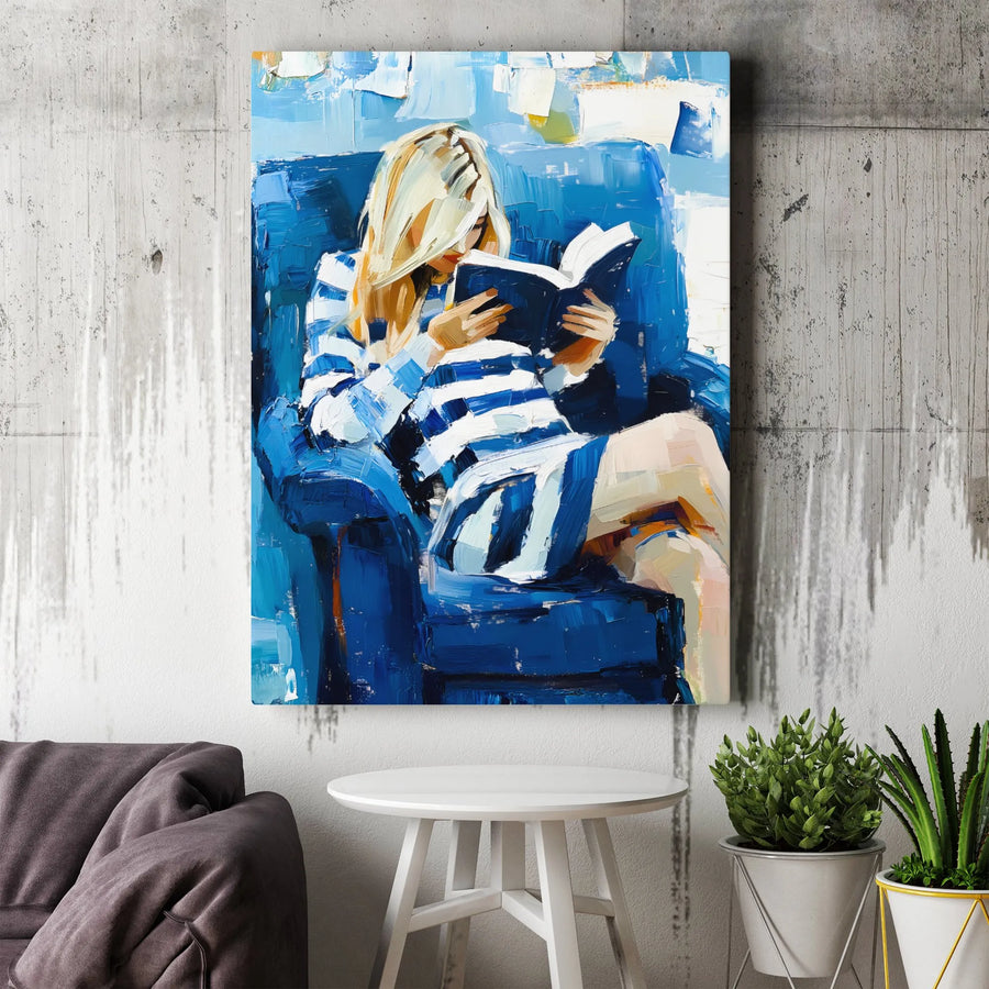 Woman Reading Painting | Impressionist Blue Armchair Wall Art | Gallery Quality 1.25 Inch Canvas | Premium Home Decor Gift for Book Lovers
