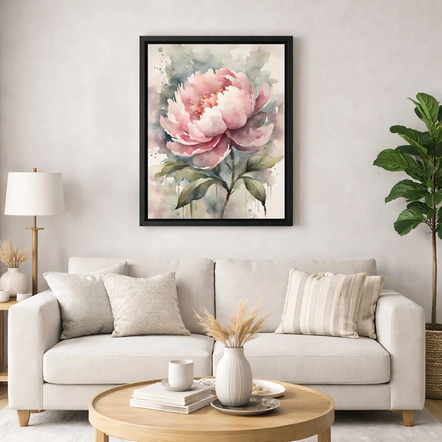 Watercolor Pink Peony Canvas Art | Soft Floral Botanical Wall Decor | Premium 1.25-Inch Gallery Wrap | Elegant Gift for Living Room