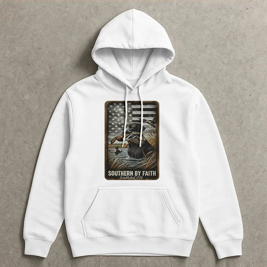 Black Lab Duck Hunting Hoodie | American Flag Patriotic Retriever Design | Premium Cotton Blend | Gift for Hunters and Outdoorsmen