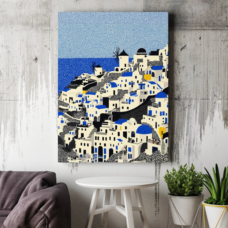 Santorini Greece Canvas Wall Art | Modern Graphic Travel Print | Premium Fade-Resistant Canvas | Mediterranean Home Decor Gift