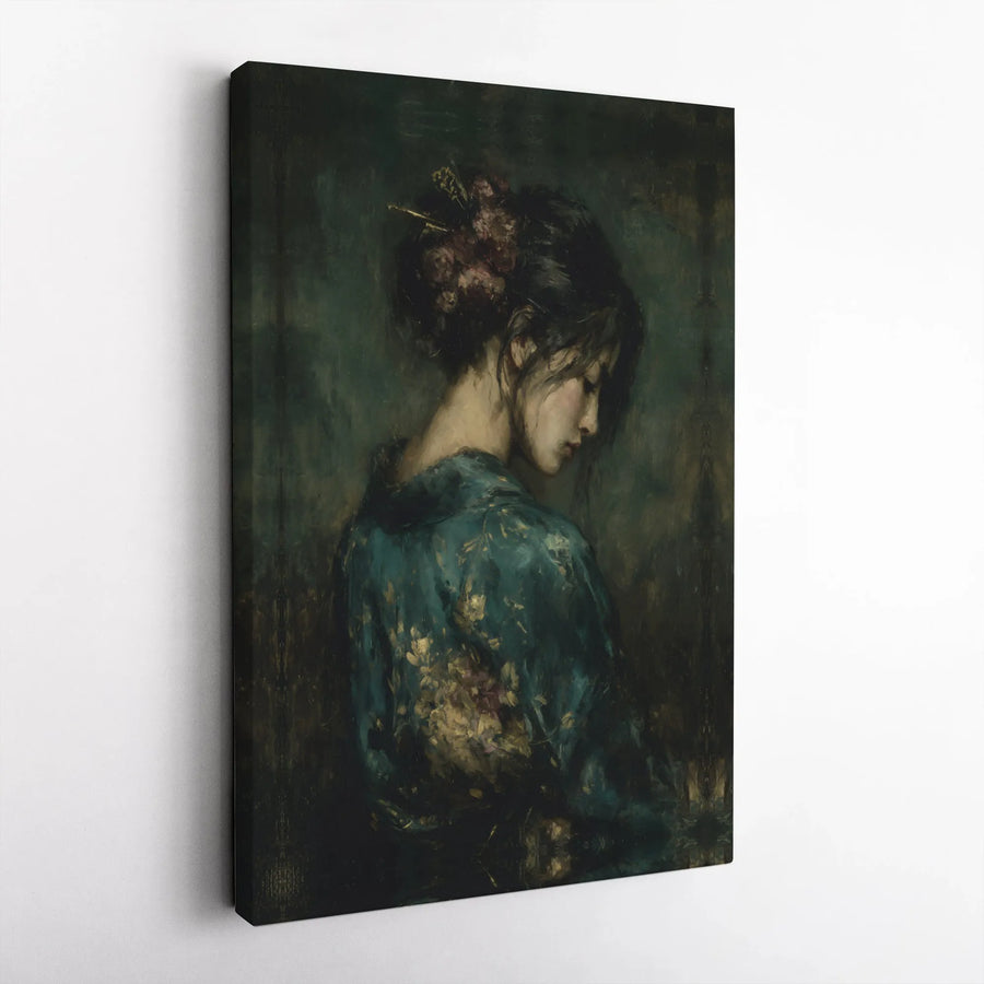 Japanese Woman Portrait Canvas Wall Art | Moody Floral Kimono Oil Painting Style | 1.25 Inch Gallery Wrap | Elegant Home Decor Gift