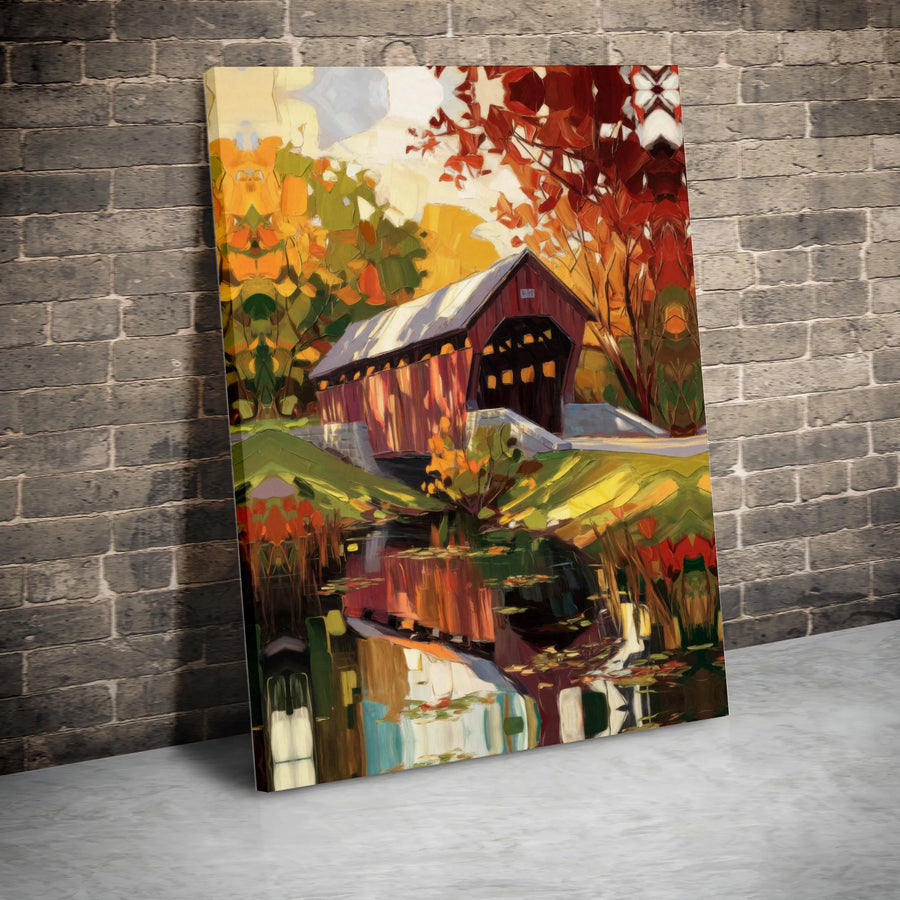 Red Covered Bridge Canvas Wall Art | Autumn Forest Landscape Print | Premium 1.25-Inch Gallery Wrap | Fall Home Decor Gift for Nature Lovers