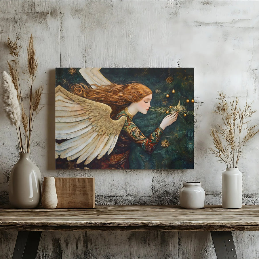 Christmas Angel Canvas Wall Art | Redhead Angel Decorating Tree | Premium Gallery Wrapped Print | Holiday Seasonal Home Decor Gift