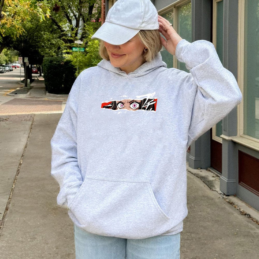 Anime Eye Hoodie | Pink Eyes Peeking Through Torn Graphic | Cotton-Blend Premium Pullover | Gift for Anime Fans & Otaku Lovers