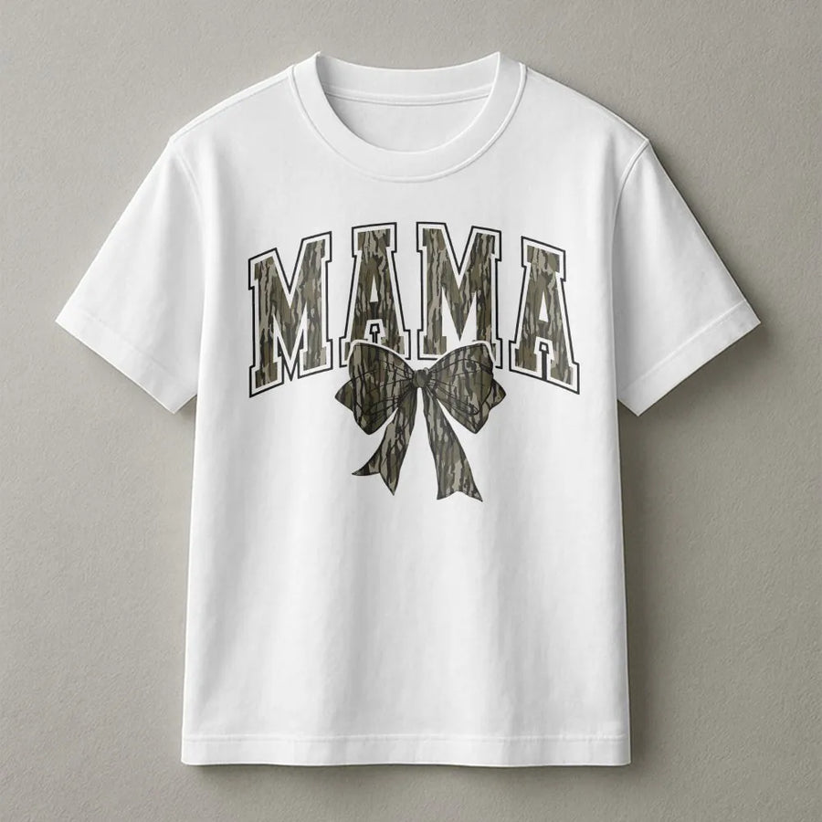 Camo Mama T-Shirt | Varsity Lettering with Hunting Style Camo Bow | Soft Cotton Graphic Tee | Gift for Outdoorsy Mom on Mother's Day