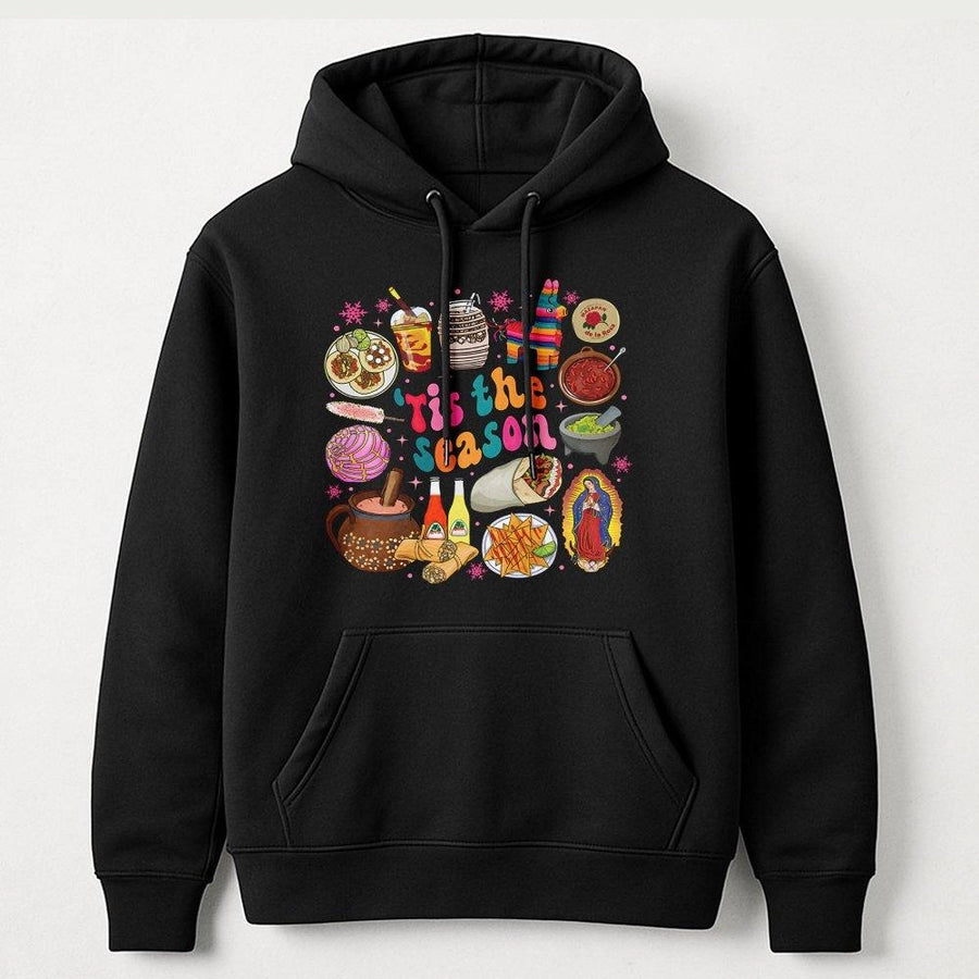 Mexican Christmas Hoodie | Tis The Season Food Graphic | Premium Cotton Blend | Gift For Hispanic Heritage Culture Lovers