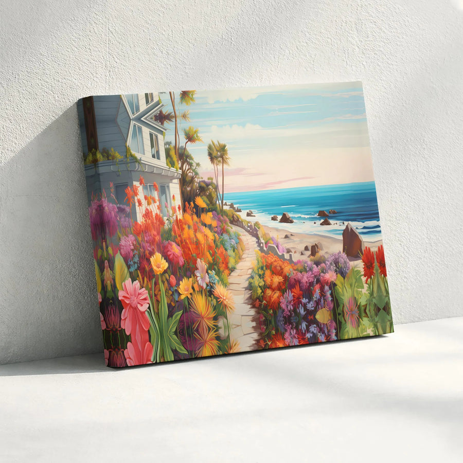 Coastal Beach Path Horizontal Canvas | Vibrant Wildflower Garden Art | Premium 1.25" Stretched Canvas Print | Colorful Ocean Landscape Housewarming Gift