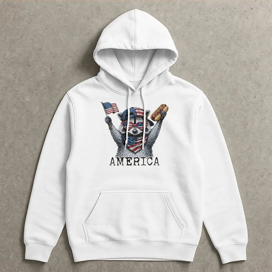 Patriotic Raccoon Hoodie | Funny 4th of July USA Flag Animal Tee | Premium Comfort Colors Cotton | Independence Day Party Gift
