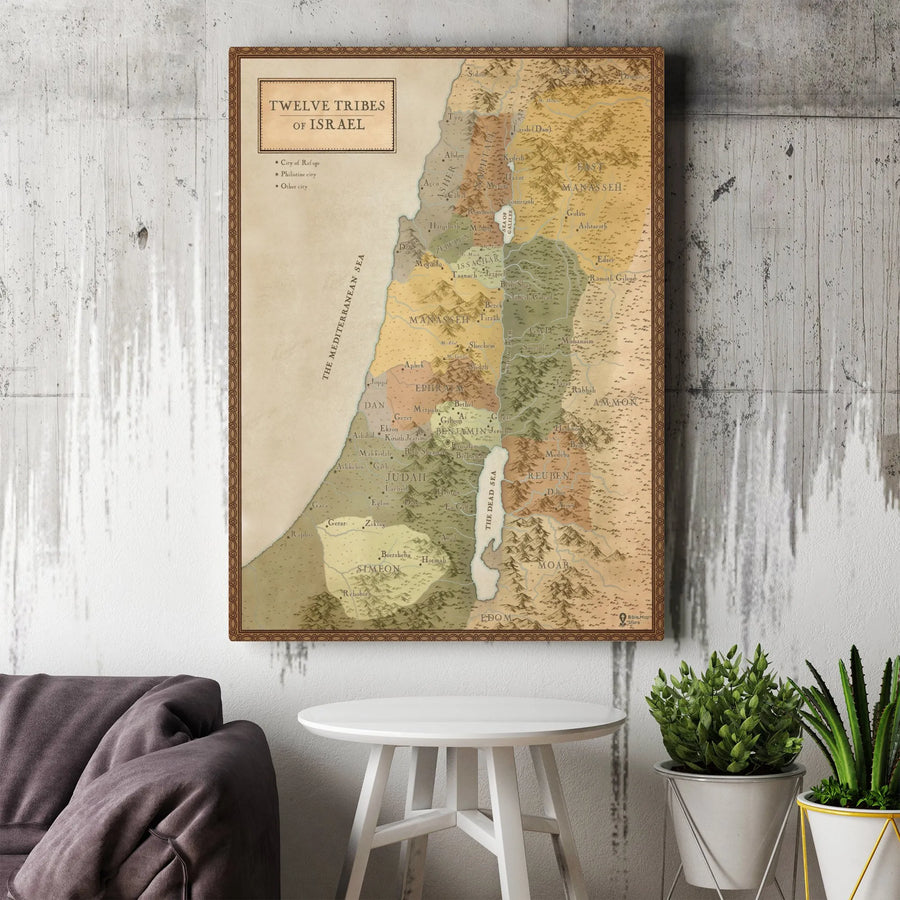 Twelve Tribes Of Israel Map Canvas | Vintage Biblical Geography Art | 1.25-Inch Premium Gallery Wrap | Religious Home Office Decor Gift