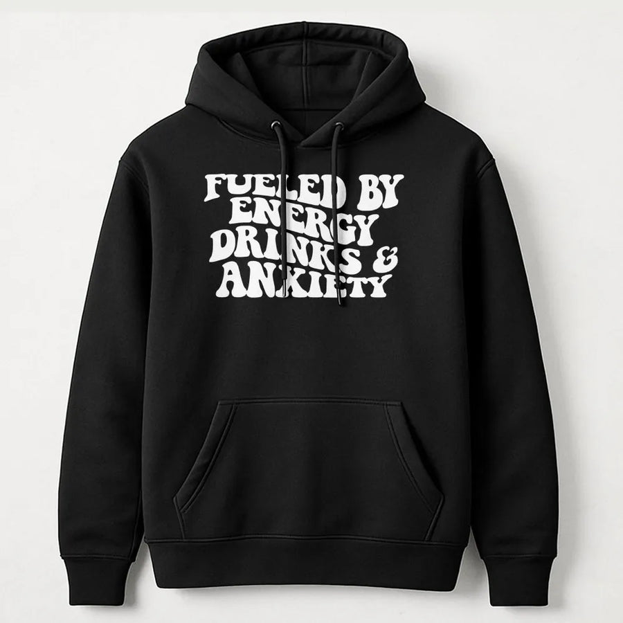Fueled By Energy Drinks And Anxiety Hoodie | Retro Wavy Font Typography | Premium Cotton Blend | Funny Relatable Gift For Students And Gamers