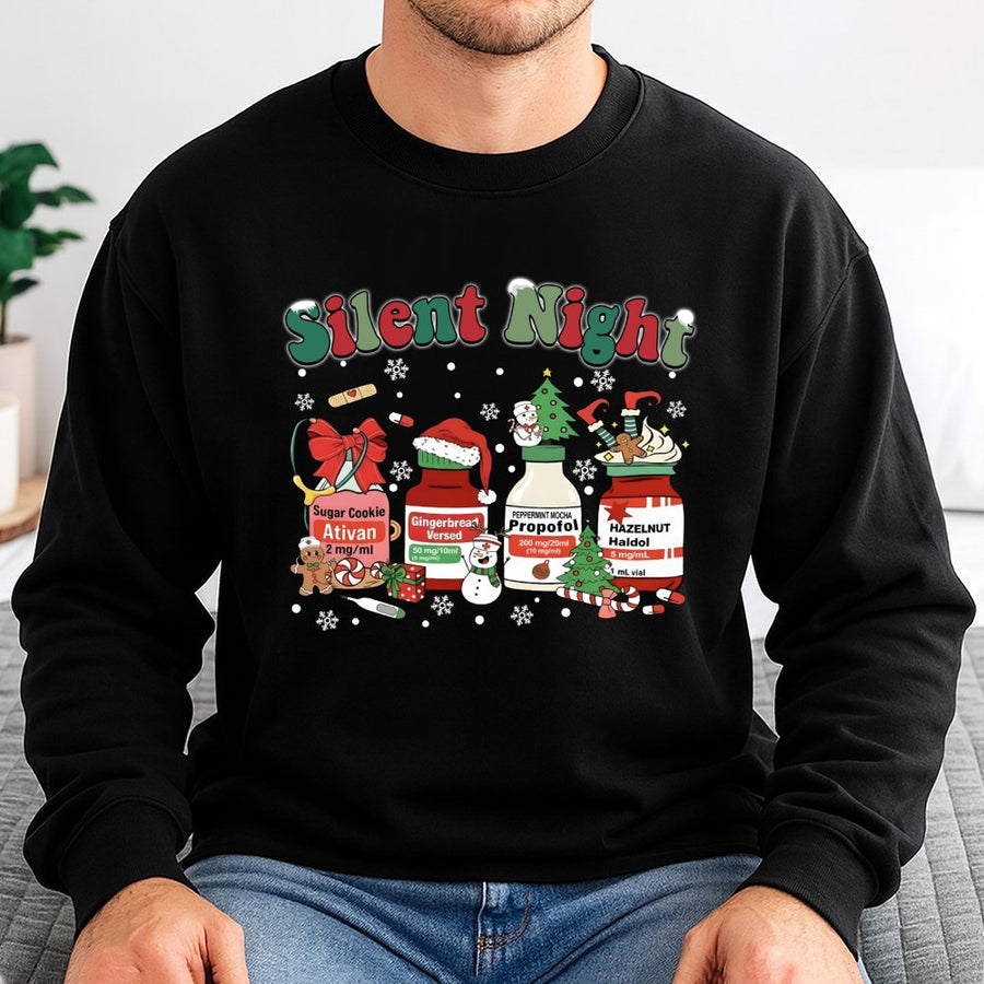 Silent Night Christmas Sweatshirt | Funny Nurse Medical Theme Graphic | Premium Cotton Blend | Gift for ICU RN and Healthcare Professionals