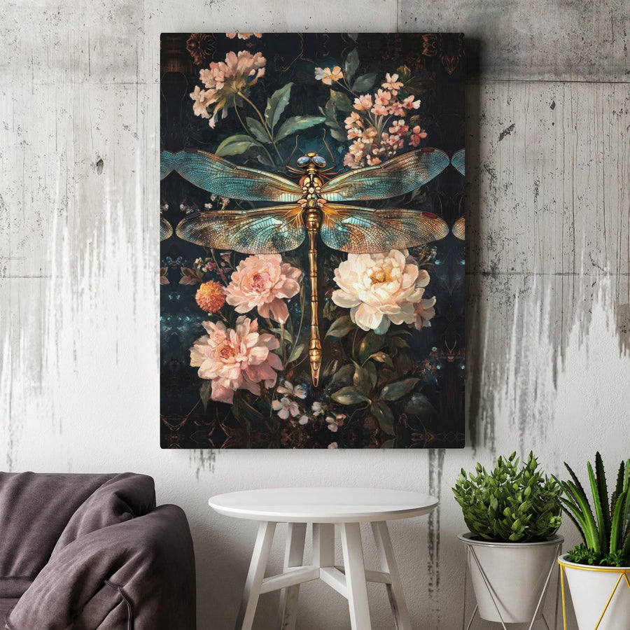Dragonfly Canvas Wall Art | Vintage Floral Peonies Botanical Print | Premium Gallery-Wrapped Gallery Quality | Moody Nature Decor for Living Room